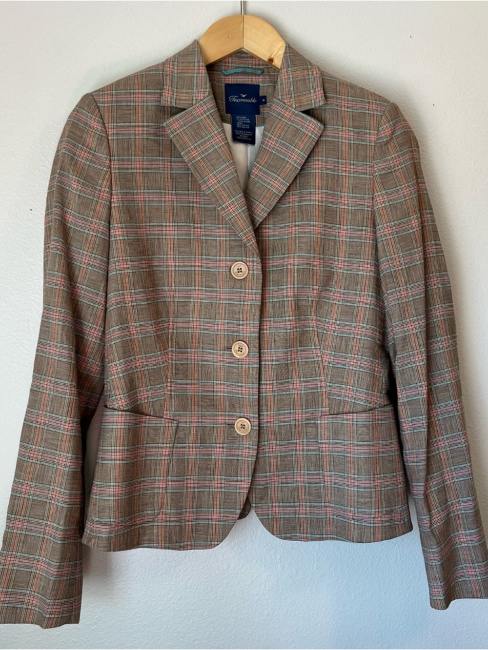 Faconnable Plaid Linen Blend Blazer Jacket Career Workwear Brown Tan